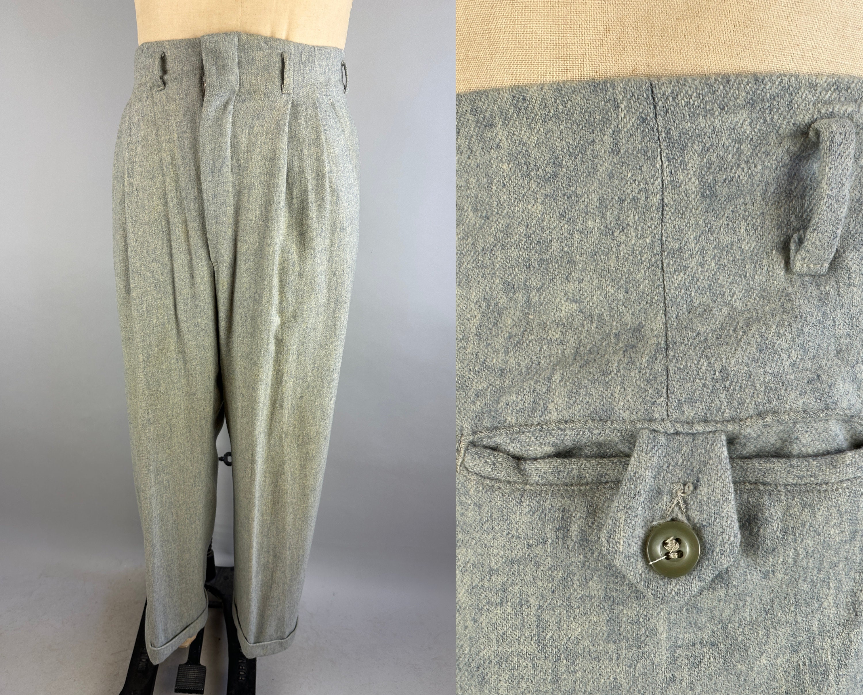 1940s Tailored Tyler Trousers  Vintage 40s Heathered Grey Wool