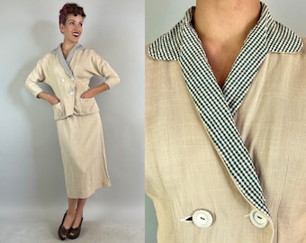 Conjunto de traje jet de los años 40 / Conjunto vintage de chaqueta y falda cruzada de dos piezas de lino blanco marfil de los años 40 con detalles de seersucker a cuadros / Pequeño