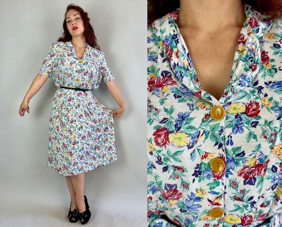 1930s Floral Frolic Frock | Vintage 30s White Blue Yellow Red and Green Linen Cotton Shirtwaist Dress with Puff Sleeves | Extra Large XL