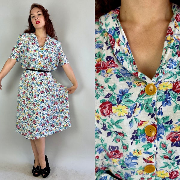 1930s Floral Frolic Frock | Vintage 30s White Blue Yellow Red and Green Linen Cotton Shirtwaist Dress with Puff Sleeves | Extra Large XL