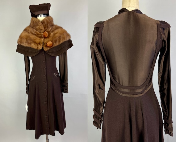 1930s Divine Dame Dress Set | Vintage 30s Brown Wool & Silk Satin Three-Piece Ensemble with Mink Capelet and Hat from 1938! | Extra Small XS