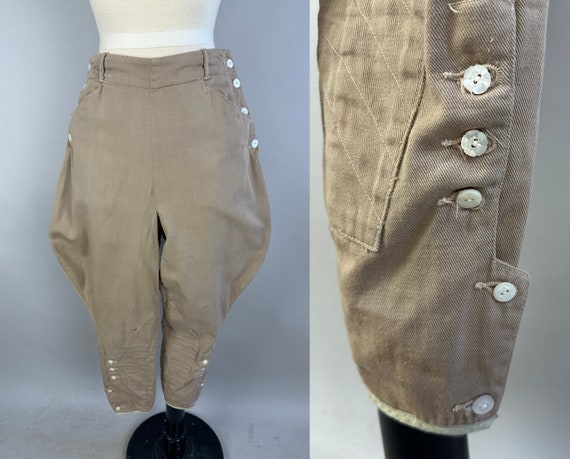 1930s Joyful Jodhpurs | Vintage 30s Sandy Beige Cotton Twill Riding Pants Trousers with White Flower Carved Shell Buttons | Small