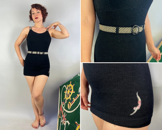 1930s Checkered Cheri Swimsuit | Vintage 30s Black Textured Knit Wool Bathing Suit with Belt and White Accents from "Jantzen" | Small Medium