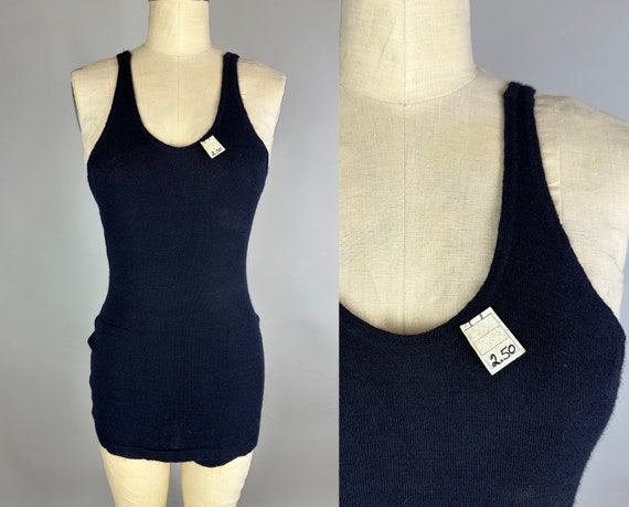 1930s Cool Off "Campus" Swimsuit | Vintage 30s Black Wool Knit One Piece Deadstock NWT Bathing Suit Swimwear with "NRA" Label | Small Medium
