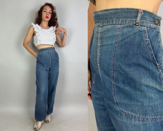 1950s Diggin' It Dungarees | Vintage 50s Classic Blue Denim Jeans Pants w/Pink Top Stitching Flannel Lining & Side Zipper | Extra Large XL