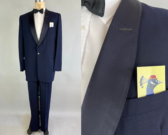 1950s Dashing Donny Tuxedo | Vintage 50s Midnight Blue Wool Tux w/Silk Satin Shawl Collar Evening Suit by"After Six"| Size 44 Extra Large XL