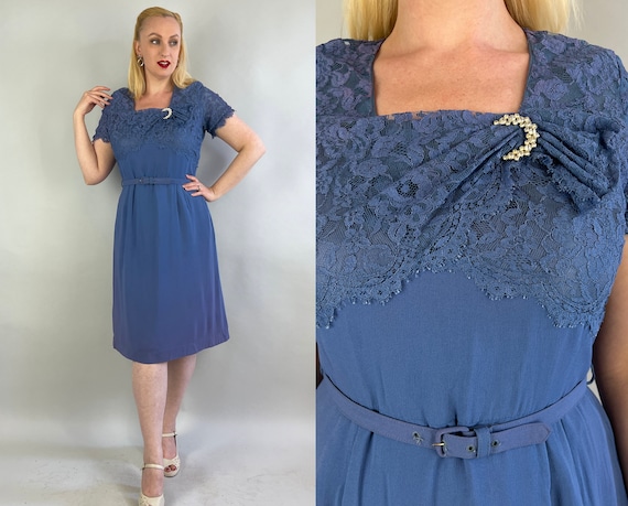 1950s Moon Lady Cocktail Dress | Vintage 50s Cornflower Blue Rayon Crepe Frock with Lace Bodice and Rhinestone Pin | Extra Large XL Volup