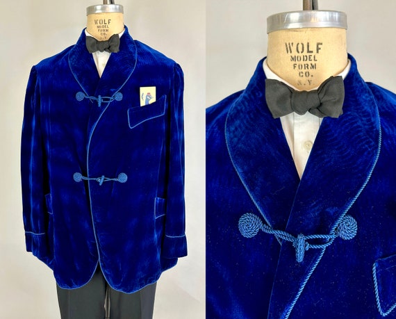 1900s Waves of Wonder Smoking Jacket | Vintage Antique Sapphire Blue Wavy Silk Velvet with Braided Trim Lounge Blazer Coat | Medium/Large