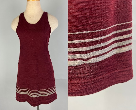 1920s Gradient Grey Stripe Swimsuit | Vintage Antique 20s Burgundy Wool Knit Two-Tone Bathing Suit with Gray Stripes | Small/Medium/Large