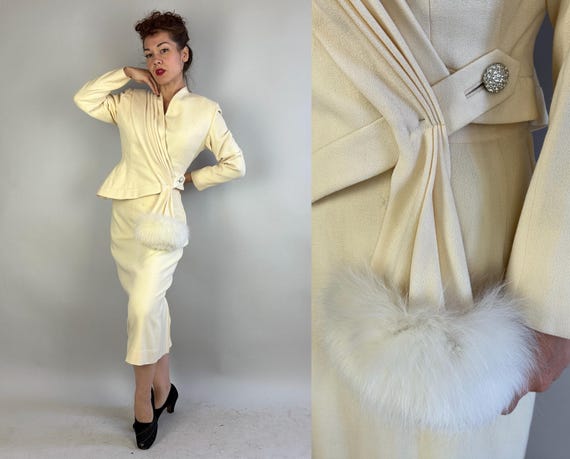 1950s Angelic Vision “Lilli Ann” Suit | Vintage 50s Ivory White Wool Crepe 2 Piece Asymmetric Pleated Swag Jacket w/Fur & Skirt Set | Small