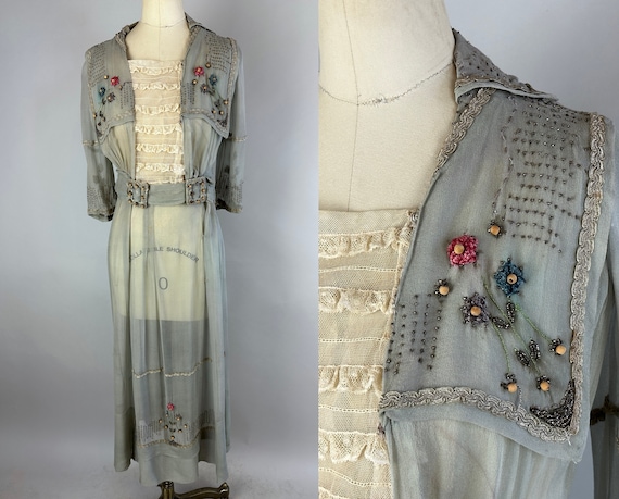 1910s Lithe Lady in Light Blue Dress | Vintage Teens Antique Slate Silk Chiffon and White Lace Tea Gown w/Beads Embroidery & Fringe | Small