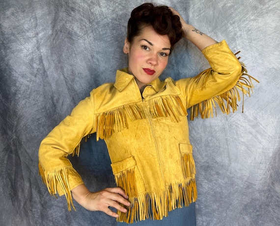 1940s Home on the Range Jacket | Vintage 40s Butter Yellow Deerskin Leather Fringe Western Cowgirl Cropped Coat | Extra Small XS Small