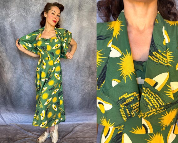 1940s Sunny Siesta Dress Ensemble | Vintage 40s Green Yellow White Novelty Sombrero Wheat Sun Frock with Matching Bolero | Extra Small XS