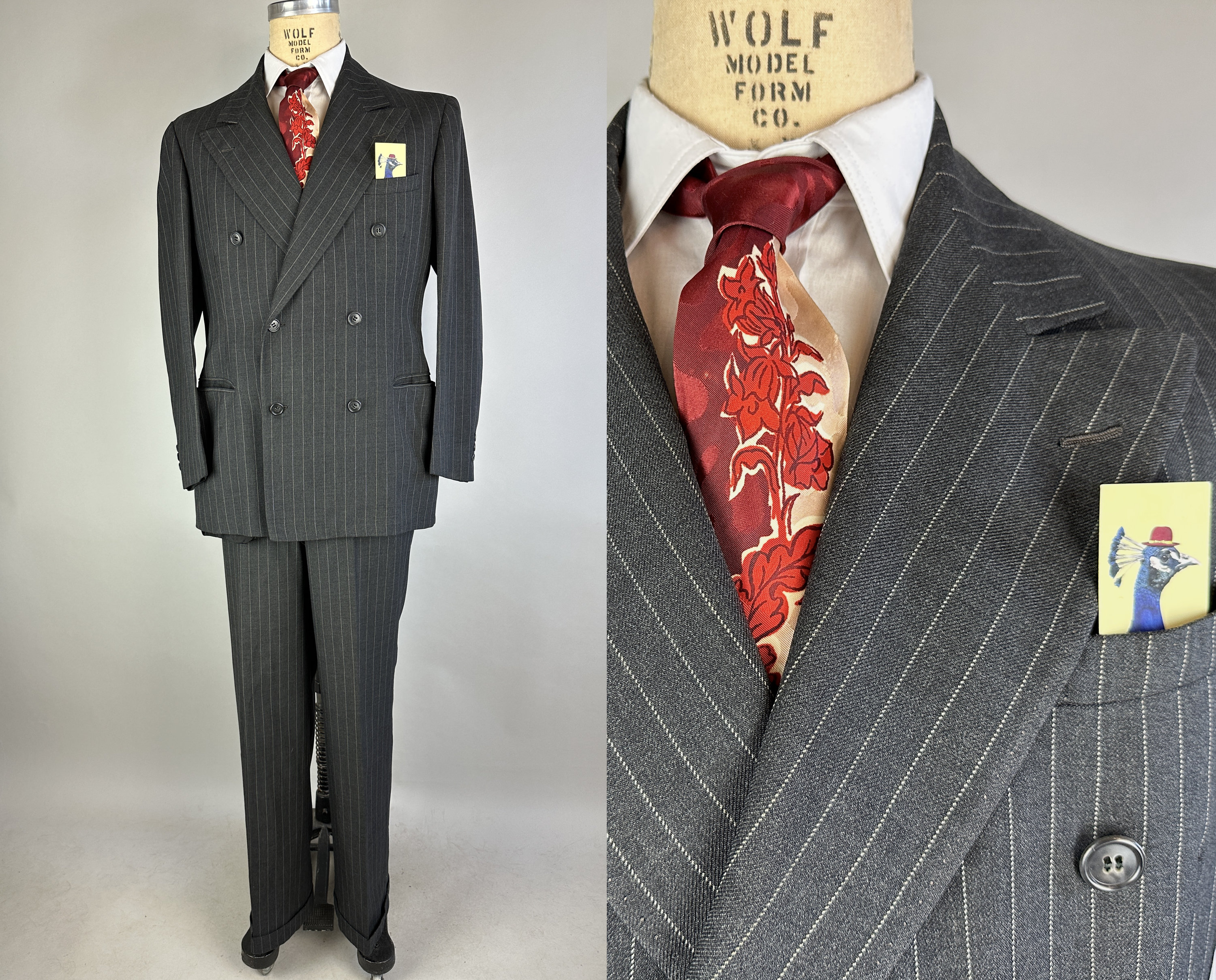 1940s Made Man Pinstripe Suit Vintage 40s Grey Black 2Piece Peak