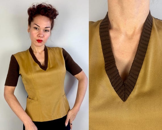 1940s Play Around Penny Pullover | Vintage 40s Two-Tone Mustard Yellow Gabardine and Bark Brown Wool Knit Sportswear Shirt | Medium/Large