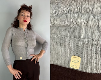 1940s Fun Times "Funsten" Cardigan | Vintage 40s Dove Grey Wool Button Up Deadstock Sweater with Basket Weave NWT | Extra Small XS Small