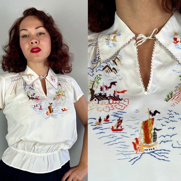 1930s Festive Folk Blouse | Vintage 30s White Rayon Puff Sleeve Peasant Shirt Top with Colorful Novelty Pictorial Embroidery | Small Medium