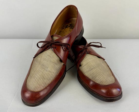 1940s Beat the Heat Shoes | Vintage 40s Cinnamon Brown Leather and Beige Mesh Ventilated Upper Lace Up Oxfords | Size US 11