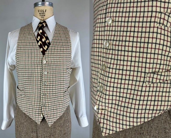 1950s Terrific Tattersall Vest | Vintage 50s Cream White Wool Waistcoat with Black and Red Tattersall Plaid Check | Size 44 Extra Large XL