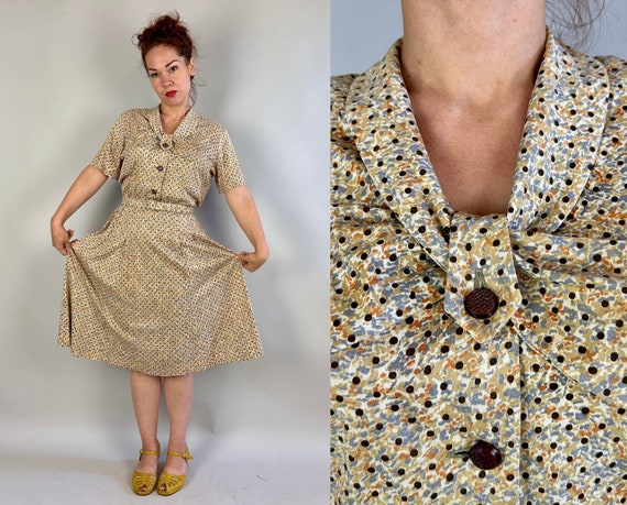 1950s Magic Eye Dress | Vintage 50s Painterly Abstract Brown Orange Grey and Yellow Print Jersey Shirtwaist Frock | Extra Large XL