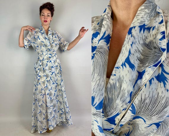 1940s Southern Summer Dressing Gown | Vintage 40s Sheer Nylon Chiffon Lounge Robe Hostess Dress w/Blue White Plumage Print | Medium