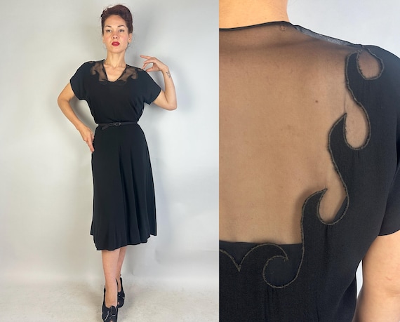 1940s The Black Flame Dress | Vintage 40s Noir Rayon Crepe Cocktail Frock with See Through Net Fire Shape Low Back & Neckline | Large