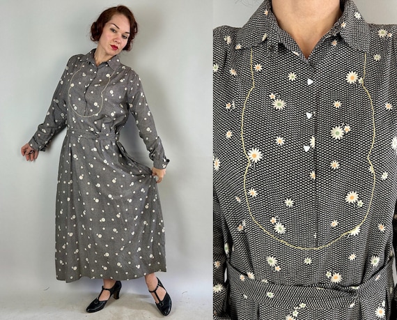 1920s Field of Daisies Dress | Vintage 20s Black and White Flower Print Cotton Day Frock w/Attached Belt and Glass Buttons | Extra Large XL