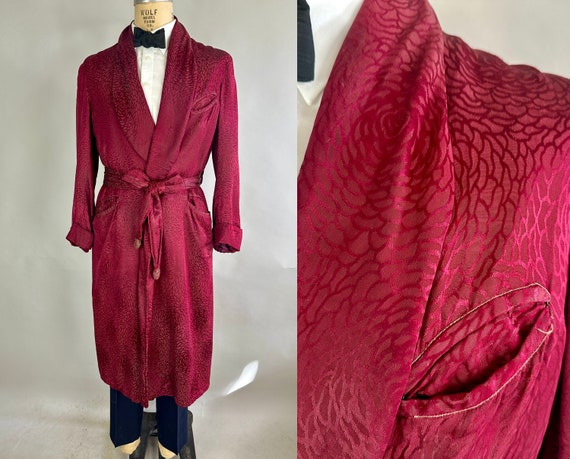 1940s Round the Rosey Robe | Vintage 40s Ox Blood Red Radiating Rose Rayon Brocade Lounge Robe with Self Tie Belt | Medium Large