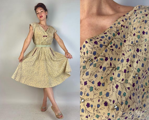 1950s Cross Your Heart Dress | Vintage 50s Ivory Rayon Taffeta Blue Purple Floral Vine Print Full Skirt Frock w/Rhinestones | Extra Large XL