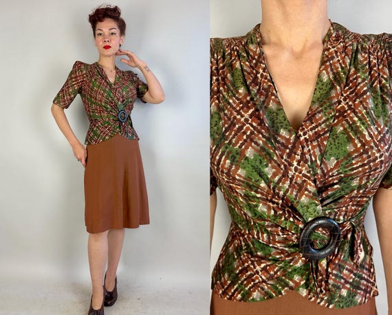 1930s Autumn Awe Dress | Vintage 30s Green Grey & Shades of Brown Rayon Jersey Peplum Puff Sleeve Frock w/Crepe Skirt and Buckle Duo | Small