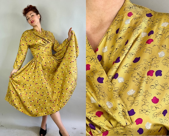 1940s She Sells Seashells Dress | Vintage 40s Goldenrod Yellow Rayon Full Skirt Frock with Purple Pink White Shell Novelty Print | Small