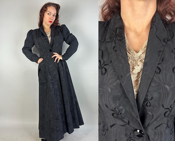 1930s Put a Bow On It Coat | Vintage 30s Black Silk Moire Evening Opera Formal Jacket with Mutton Sleeved and Bows Brocade | Small Medium