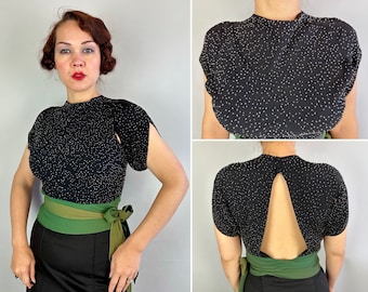 1930s Fascinating Fiona Blouse | Vintage 30s Black and Green Rayon Crepe Evening Wrap Top Shirt with Clear Beading and Unique Slits | Small