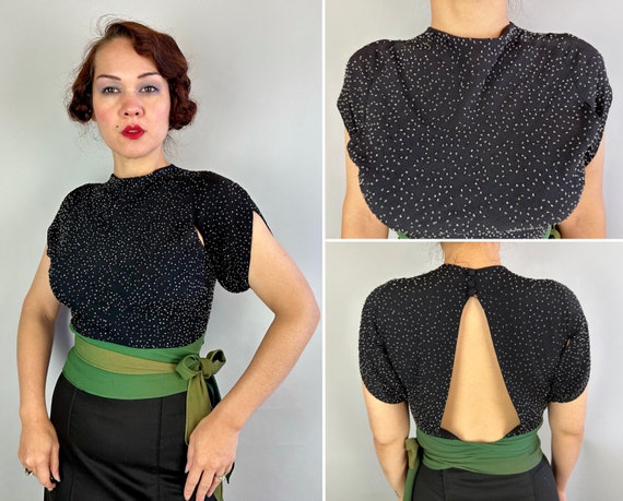 1930s Fascinating Fiona Blouse | Vintage 30s Black and Green Rayon Crepe Evening Wrap Top Shirt with Clear Beading and Unique Slits | Small