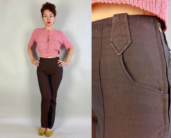 1950s Pinup Cowgirl Trousers | Vintage 50s  Brown & Copper Hues Sharkskin Western Side Zip Slacks Pants with Fancy Peak Back Accents | Small