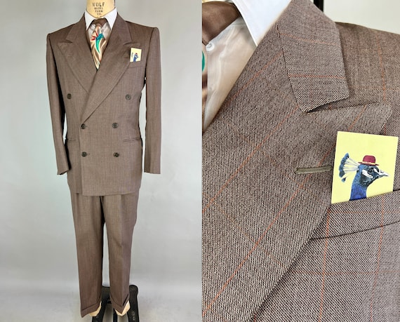 1950s Big Boss Suit | Vintage Early 50s Brown with Orange Windowpane Wool Peak Lapels Double Breasted Jacket and Trousers | Size 38 Medium