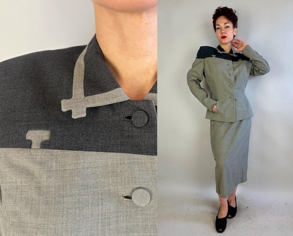 1940s Stormy Weather "Lilli Ann" Suit | Vintage 40s Dark and Light Storm Cloud Grey Tonal Block Wool Blazer and Skirt Ensemble Set | Medium