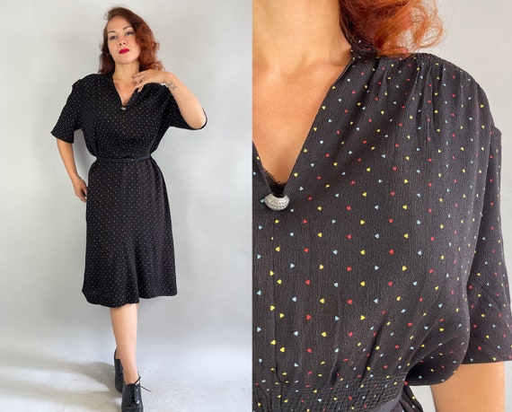 1930s Heart's Desire Dress | Vintage 30s Black Rayon Crepe with Red Yellow Blue Confetti Pattern Frock with Puff Sleeves | Extra Large XL