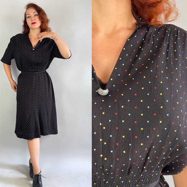 1930s Heart's Desire Dress | Vintage 30s Black Rayon Crepe with Red Yellow Blue Confetti Pattern Frock with Puff Sleeves | Extra Large XL