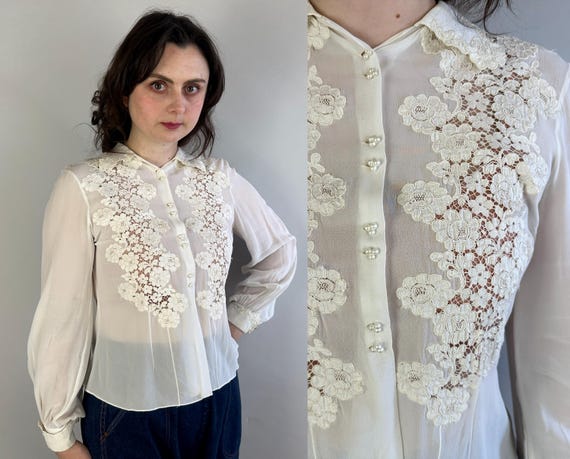 1940s Pretty Peekaboo Lace Blouse | Vintage 40 White Silk Insertion Embroidered Pearl Button Sheer Top with Cuffed Sleeves | Medium