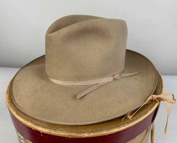 1940s "Open Road" Fedora | Vintage 40s Ecru Stetson Beaver Felt Western Hat w/ Narrow Grosgrain Ribbon Band & Original Box! | Size 7 Medium