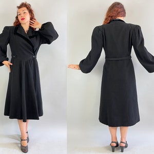 1930s Puffed with Pride Coat Vintage 30s Black Wool Balloon Sleeve Princess Overcoat with Velvet Trim and Padded Puff Shoulders Medium image 8