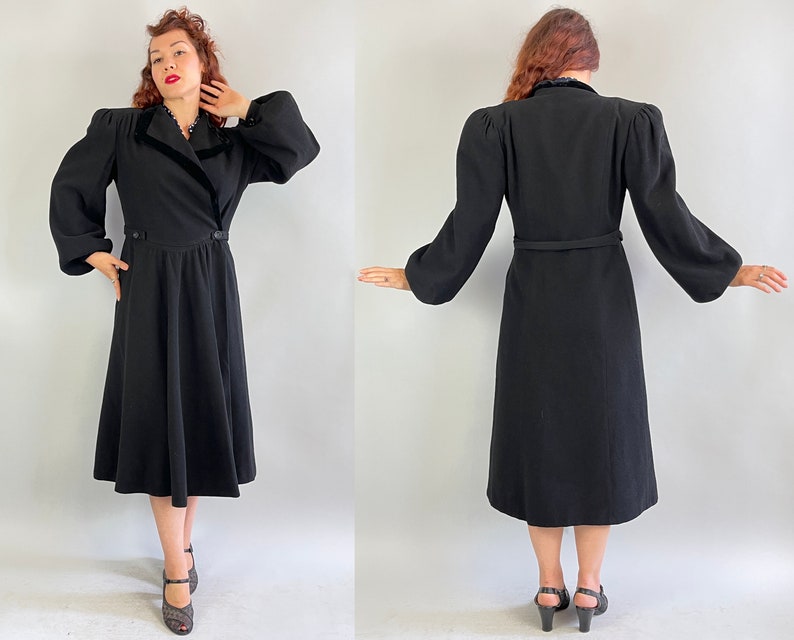 1930s Puffed with Pride Coat Vintage 30s Black Wool Balloon Sleeve Princess Overcoat with Velvet Trim and Padded Puff Shoulders Medium image 8