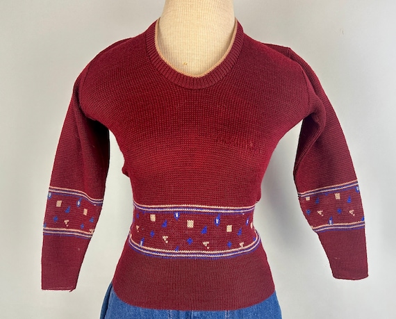 1930s Jump for Joy Jumper | Vintage 30s Deadstock Maroon V-Neck Wool Knit Pullover Sweater with Blue and White Colorwork | Extra Small XS