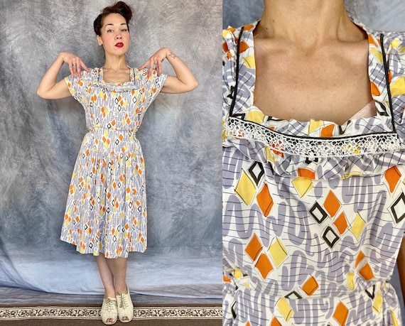 1940s Dandy Diamonds Dress | Vintage 40s Orange Yellow Grey White Harlequin Diamond Scribble Print Cotton Frock w/Ruffles | Extra Large XL