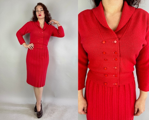 1950s Collegiate Cool Knit Set | Vintage 50s Two Piece Watermelon Red Wool Double Breasted Sweater & Skirt Ensemble | Small Medium Large