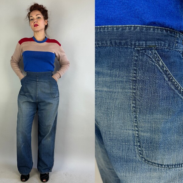 1950s Diggin' It Dungarees | Vintage 50s Classic Blue Broken In Workwear Denim Jeans Pants with Large Pockets & Side Zipper | Extra Large XL