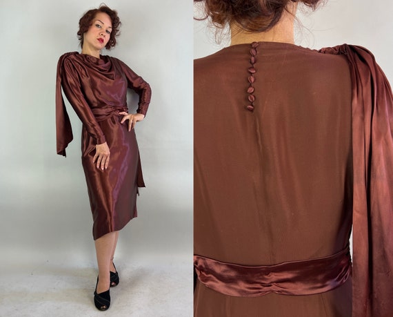 1930s Bold and Bronze Dress | Vintage 30s Brown Rayon and Liquid Silk Satin Frock with Shoulder and Waist Sash and Cowl Neck | Large