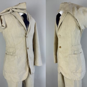 1920s Belted Back Suit Vintage 20s Antique Oatmeal and White Pinstripe Peak Lapel Tunnel Loops Jacket & Pants Dated 1929 Size 34 Small image 4