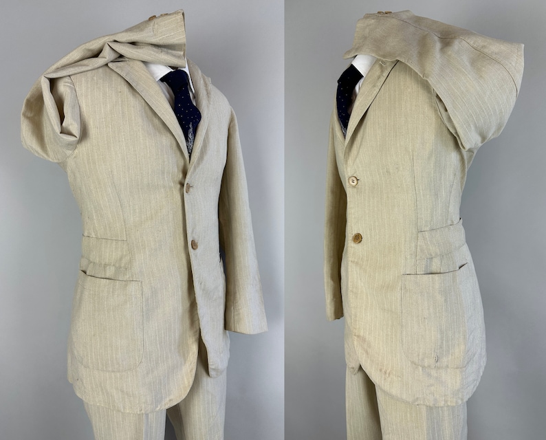 1920s Belted Back Suit Vintage 20s Antique Oatmeal and White Pinstripe Peak Lapel Tunnel Loops Jacket & Pants Dated 1929 Size 34 Small image 4